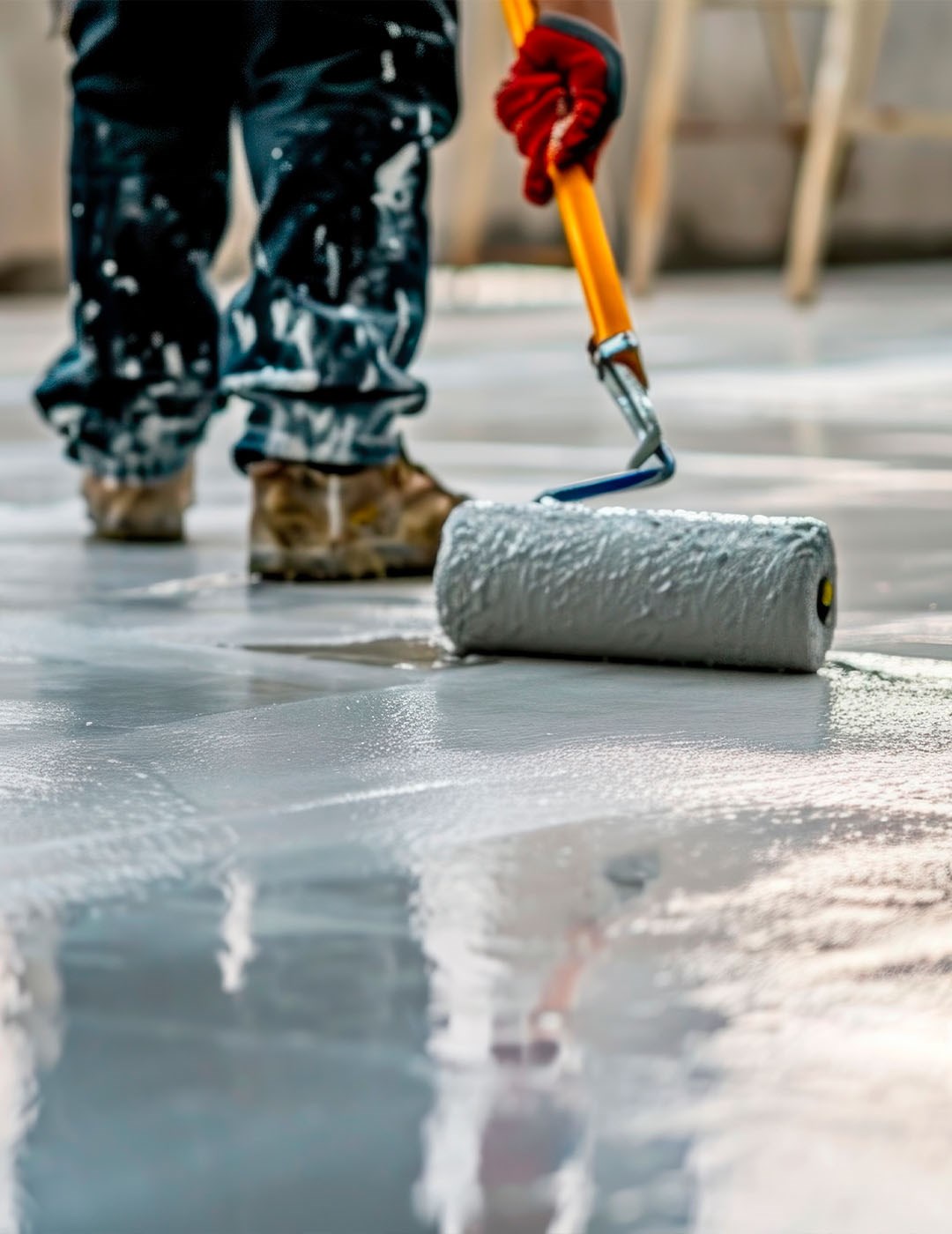 Rouleau saturé avec le mélange liquide étalant un revêtement de béton sur un sol. Un travailleur professionnel est au fond de l'image tenant le rouleau.